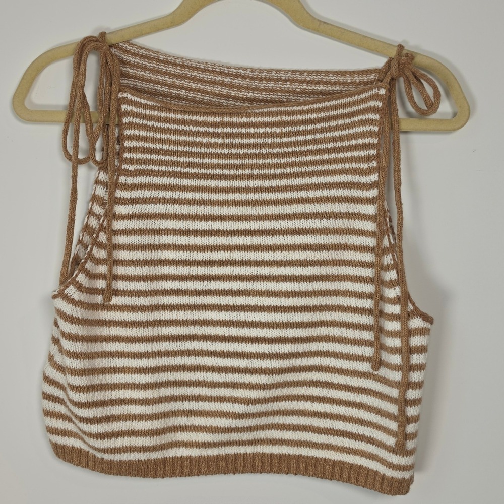 Free People Striped Knit Tank Top Tan White Tie Shoulder Sleeveless Small - Picture 7 of 7